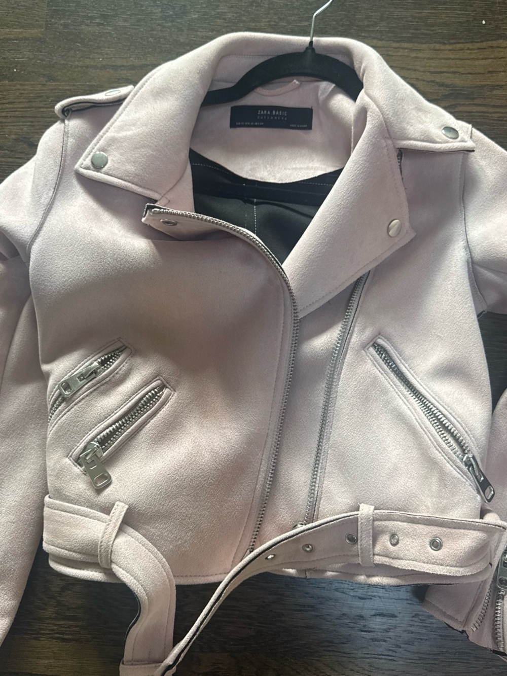 Zara Light Pink Suede Moto Jacket with Silver Hardware